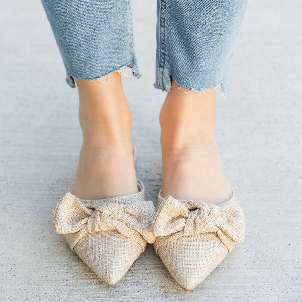 NEW🔥 Linen Weave Bow-Tie Flat Mule Sandal Loafers - Picture 3 of 6